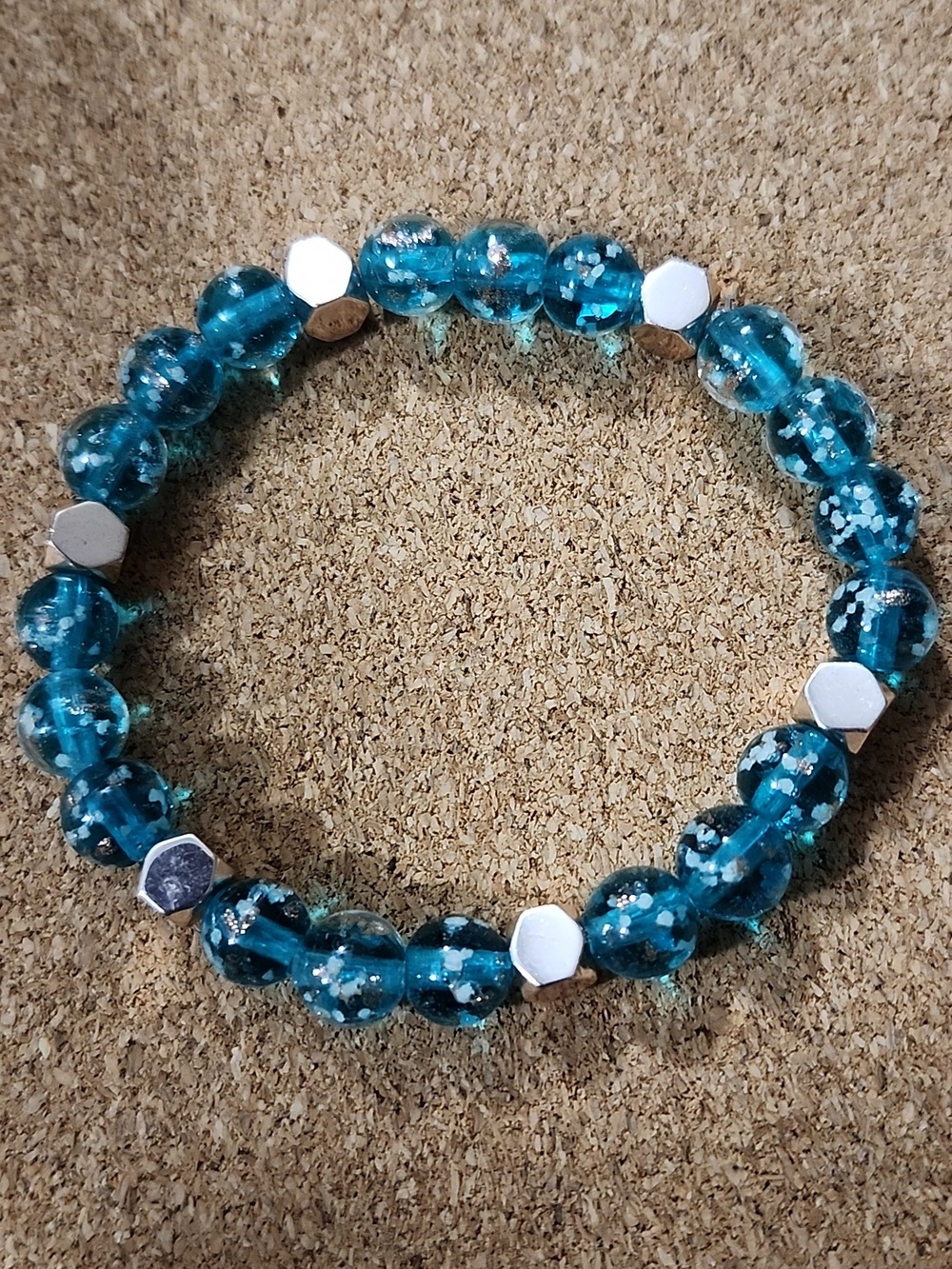 Handmade Glow In Dark Green Glass Bead Stretch Bracelet with Rose Gold Accents